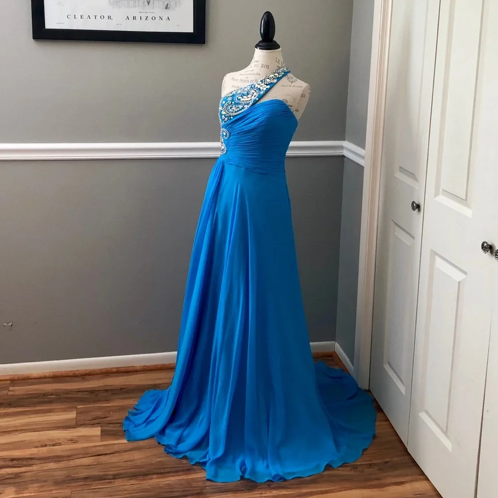 NEW PANOPLY SZ 8 TURQUOISE ONE SHOULDER JEWELED DRAPE FORMAL GOWN - Picture 2 of 9